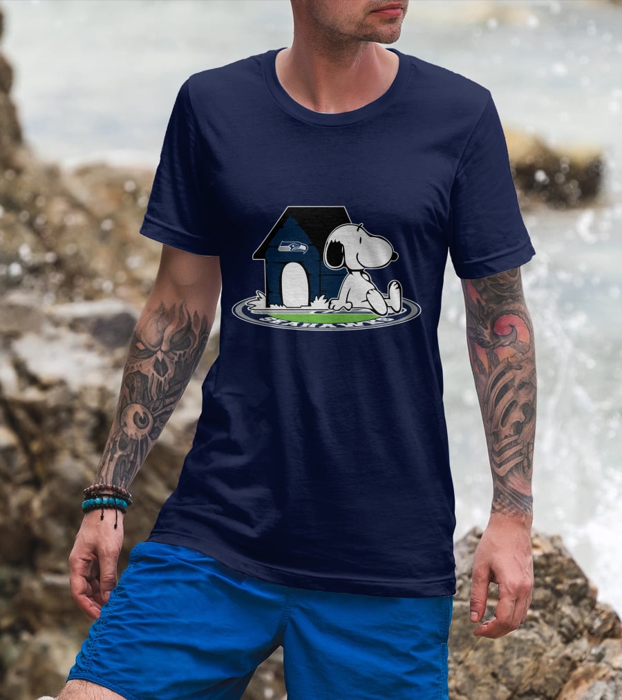 Seattle Seahawks Fan Forever With Snoopy Sitting By Doghouse T-Shirt
