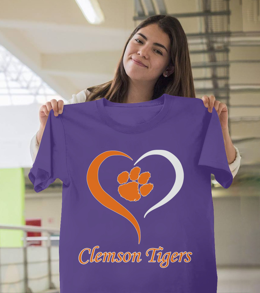 Clemson Tigers Heart Paw Print Purple and Orange T-Shirt