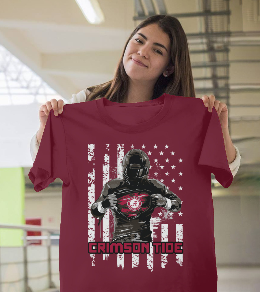 Alabama Crimson Tide Superhero American Flag Football Fan T-Shirt