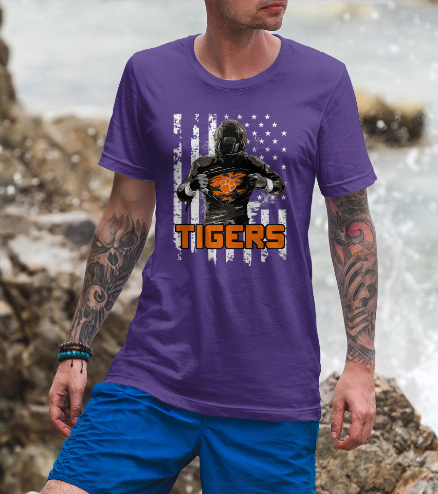 Tigers Player With Paw Logo And Flag Background T-Shirt