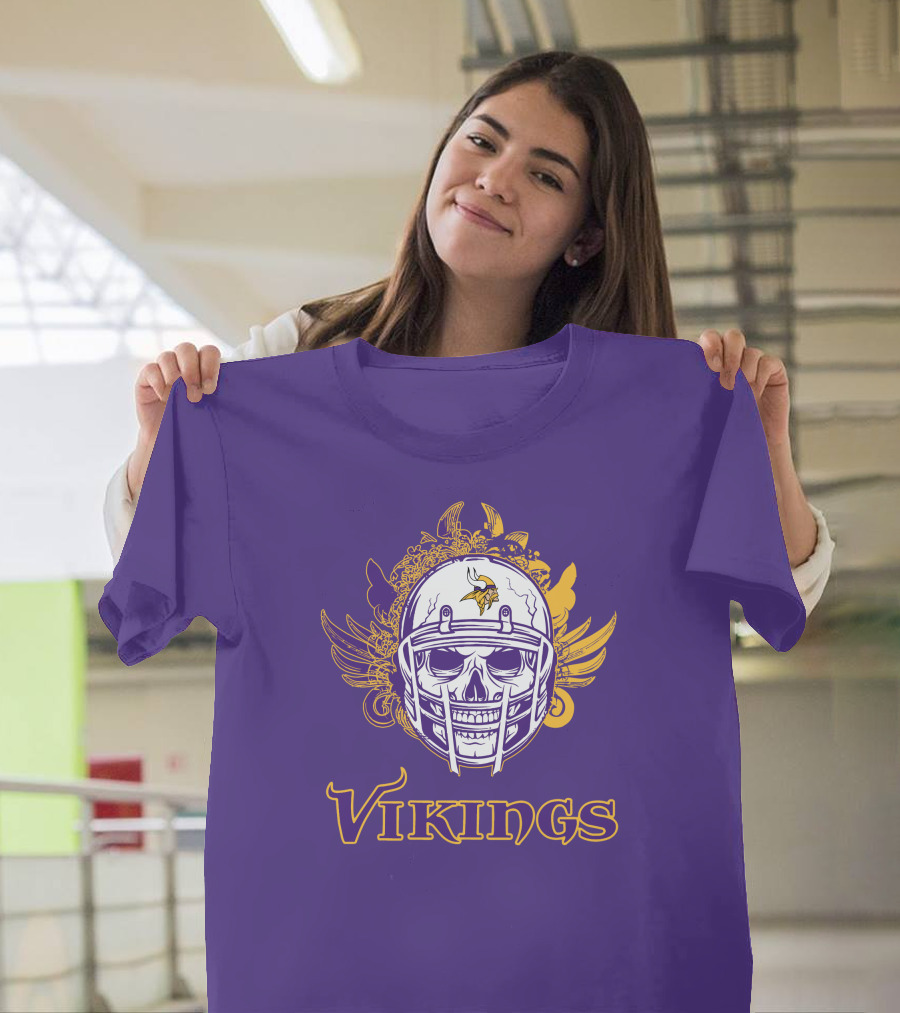 Vikings Skull Helmet with Purple and Yellow Wings T-Shirt