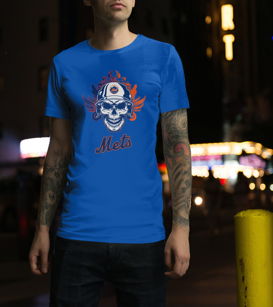 New York Mets Skull Helmet Logo With Wings T-Shirt