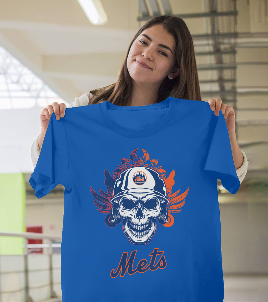 New York Mets Skull Helmet Logo With Wings T-Shirt