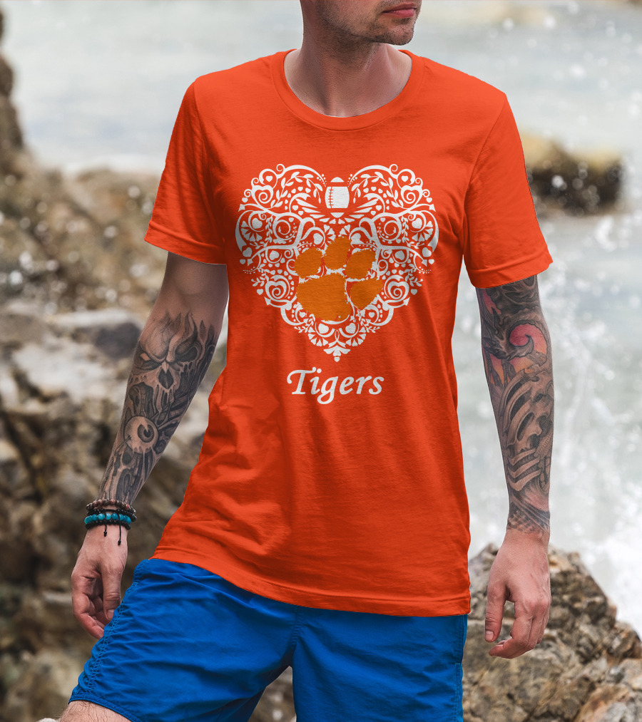 Heart-Shaped Design With Clemson Tigers Paw And Football Elements T-Shirt