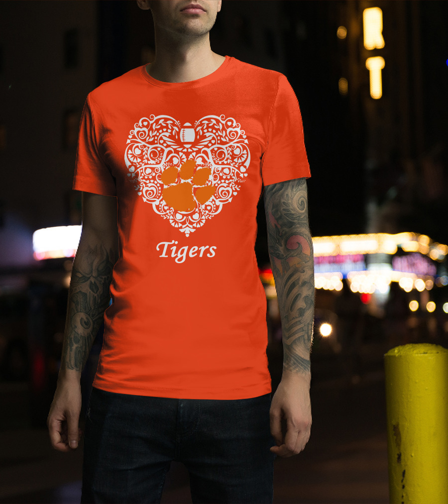 Heart-Shaped Design With Clemson Tigers Paw And Football Elements T-Shirt