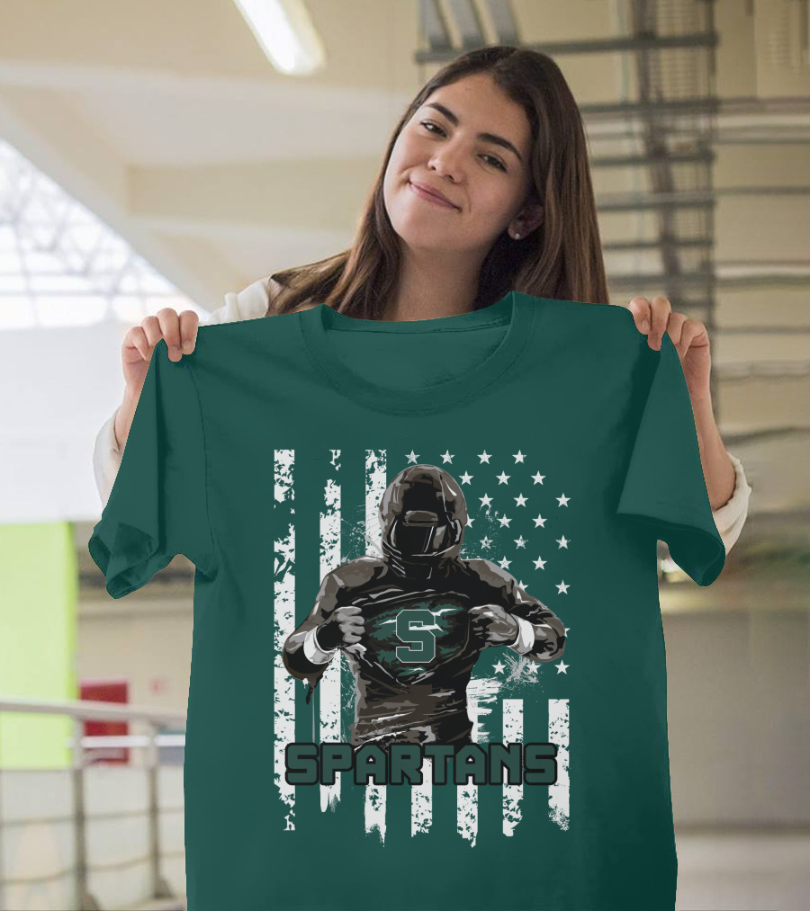 Spartans Player with S Emblem and American Flag Background T-Shirt