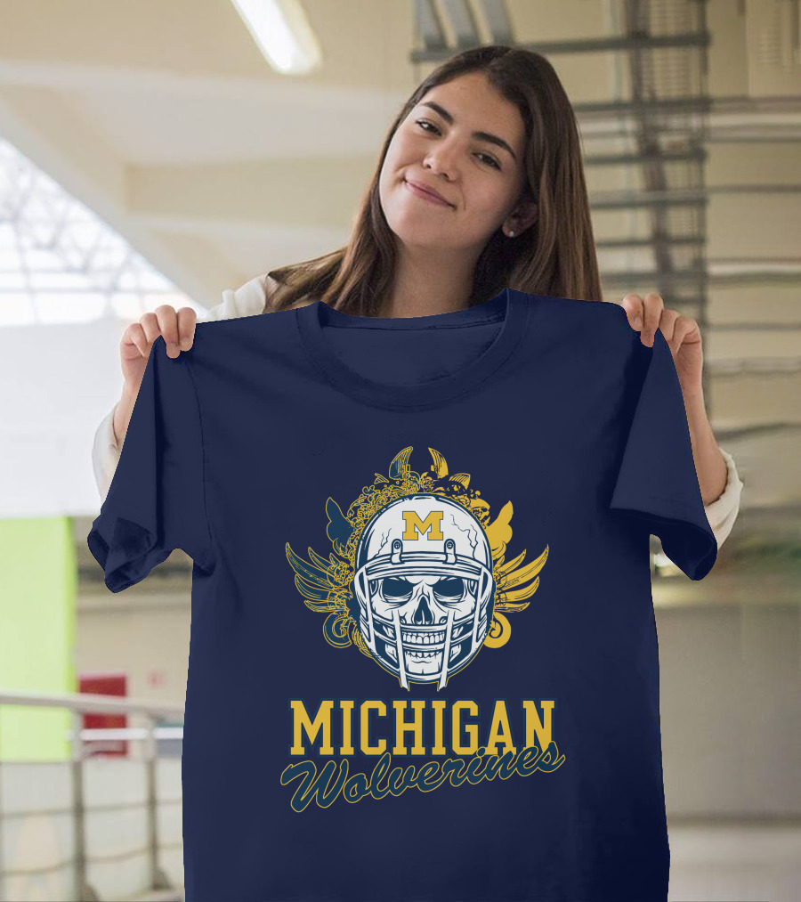 Michigan Wolverines Skull Helmet with Floral Wings T-Shirt