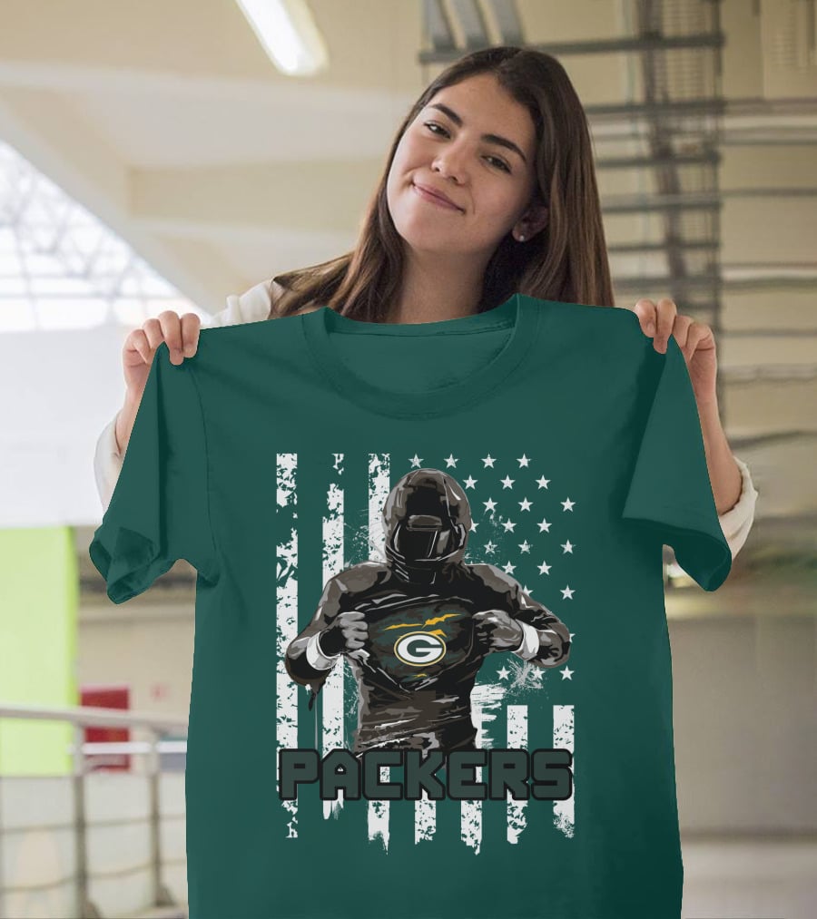 Packers Player With Flag Background And Green Bay T-Shirt
