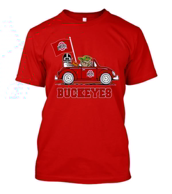 Ohio State Buckeyes Darth Vader Baby Yoda Driving Star Wars Car With Flag T-Shirt