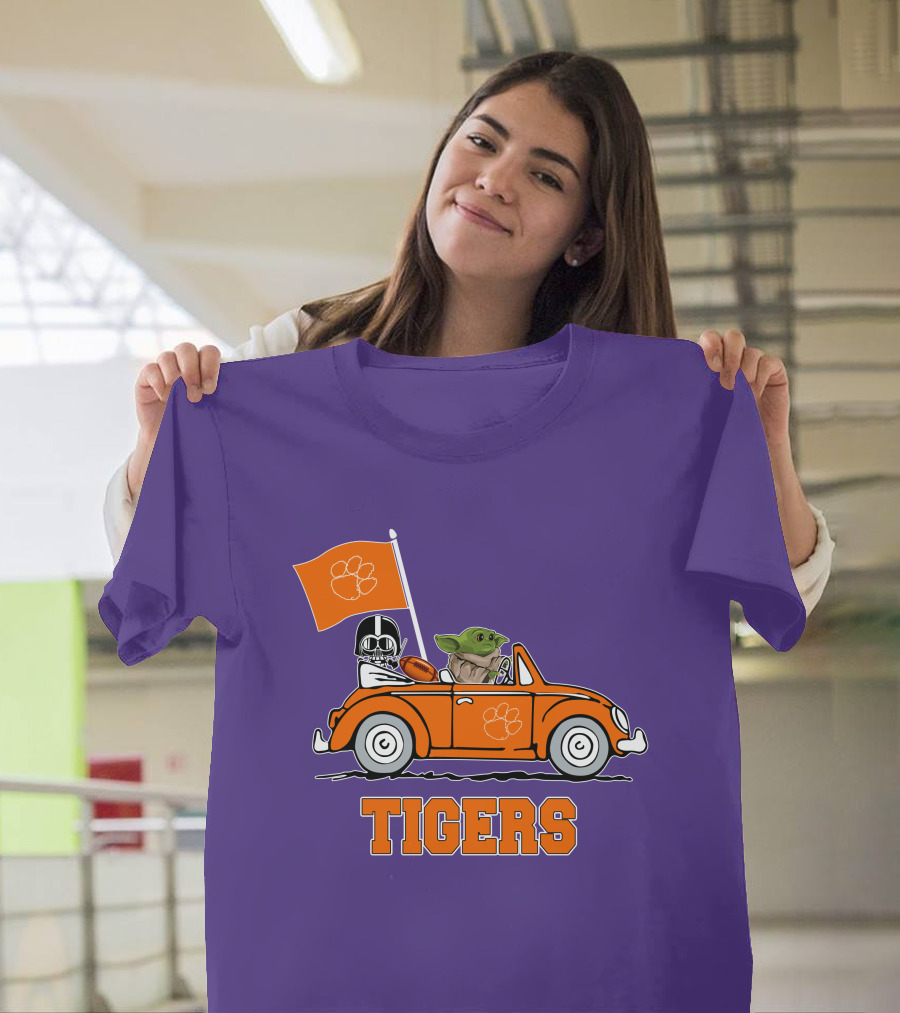 Clemson Tigers Darth Vader Baby Yoda Driving Star Wars Football Car T-Shirt
