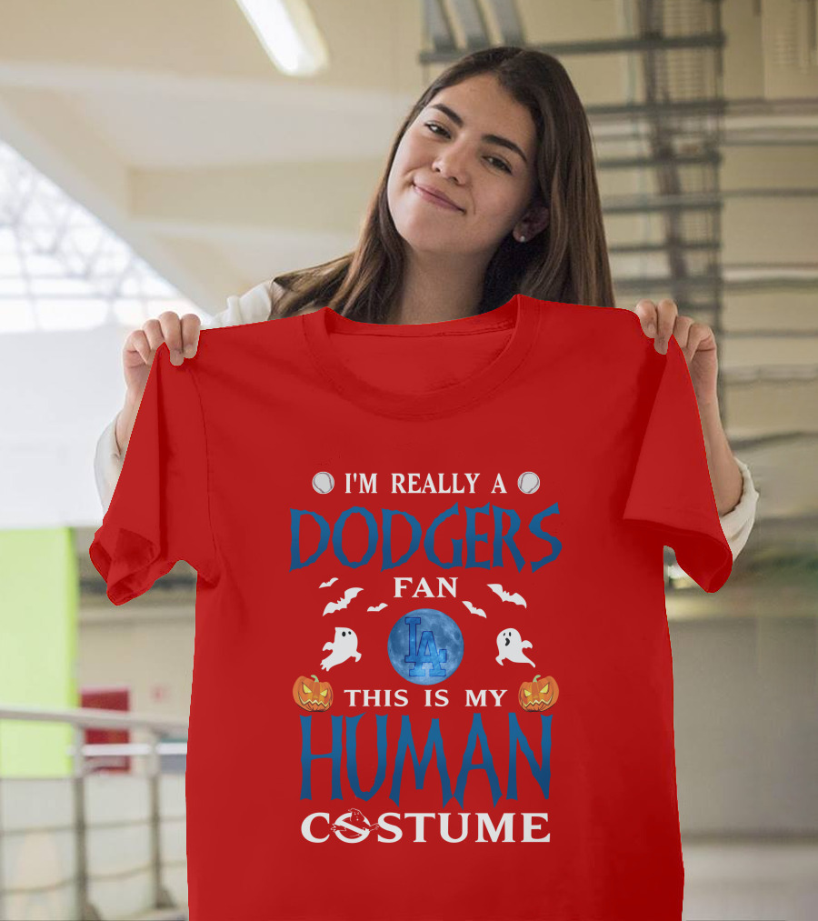Los Angeles Dodgers Fan Halloween Human Costume Theme With Ghosts And Pumpkins T-Shirt