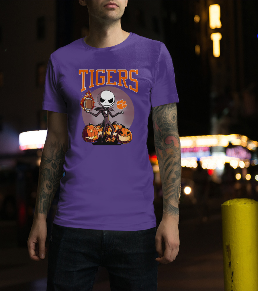 Tigers Jack Skellington Clemson Halloween Football And Pumpkins T-Shirt