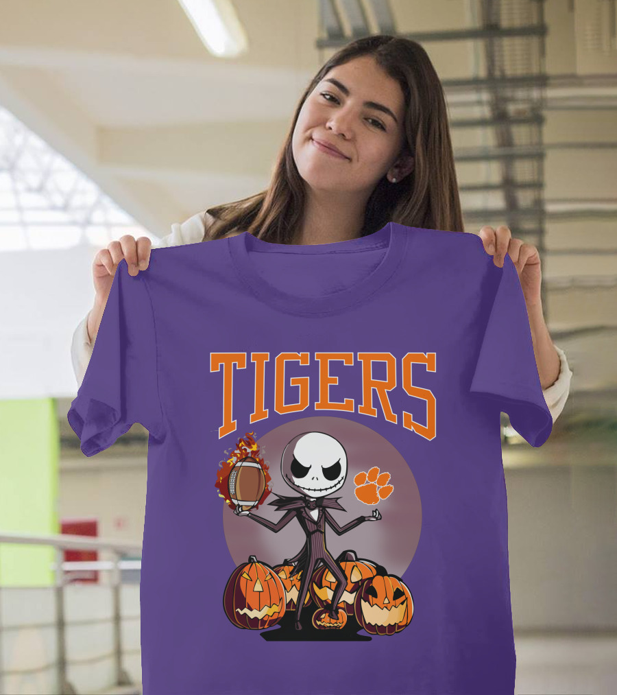 Tigers Jack Skellington Clemson Halloween Football And Pumpkins T-Shirt