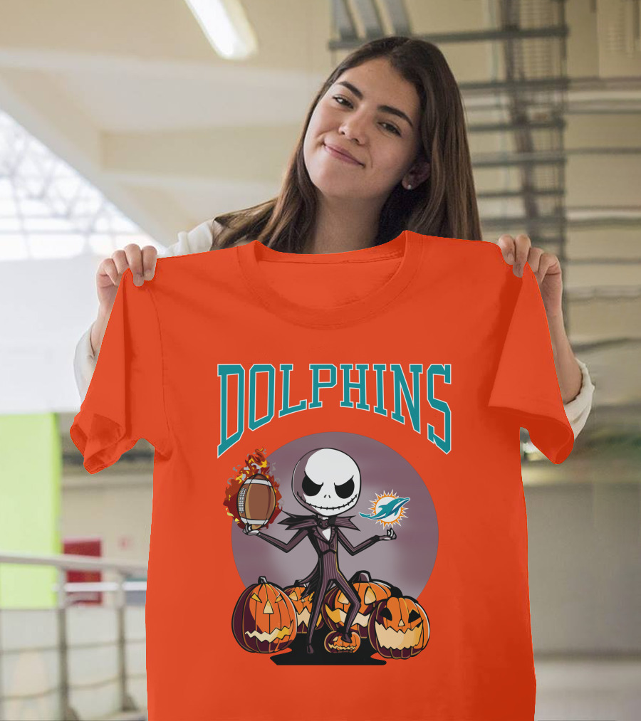 Dolphins Jack Skellington Halloween Miami Football Pumpkins T-Shirt