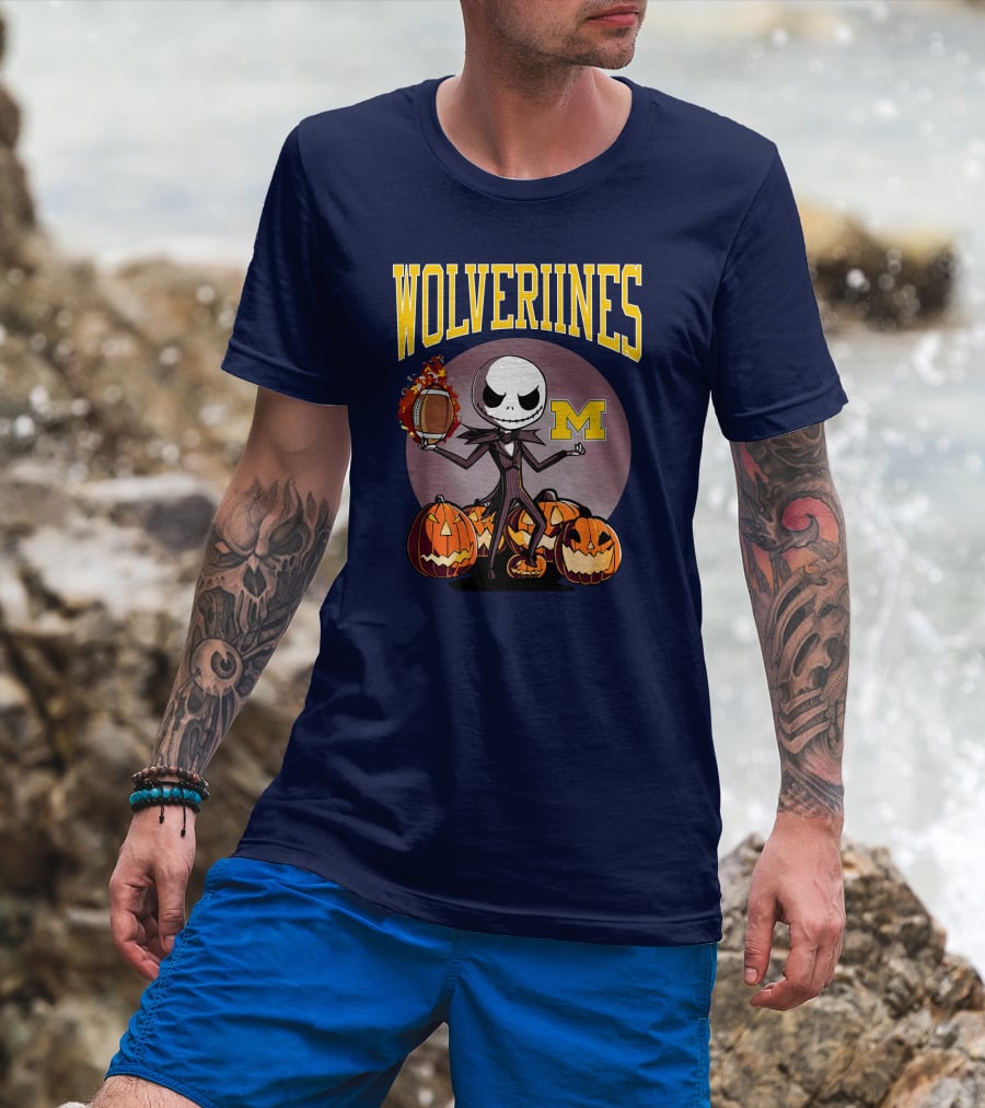 Michigan Wolverines Halloween Jack Skellington Football Pumpkins T-Shirt