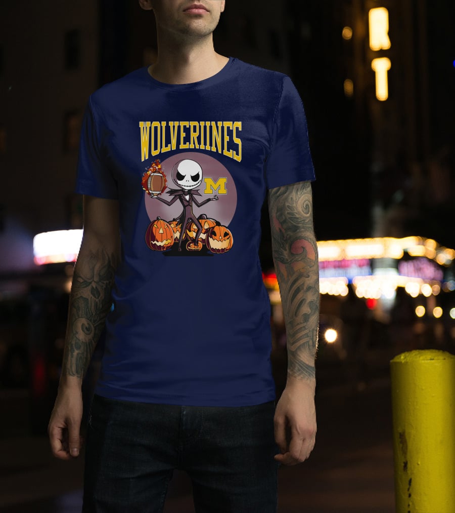 Michigan Wolverines Halloween Jack Skellington Football Pumpkins T-Shirt