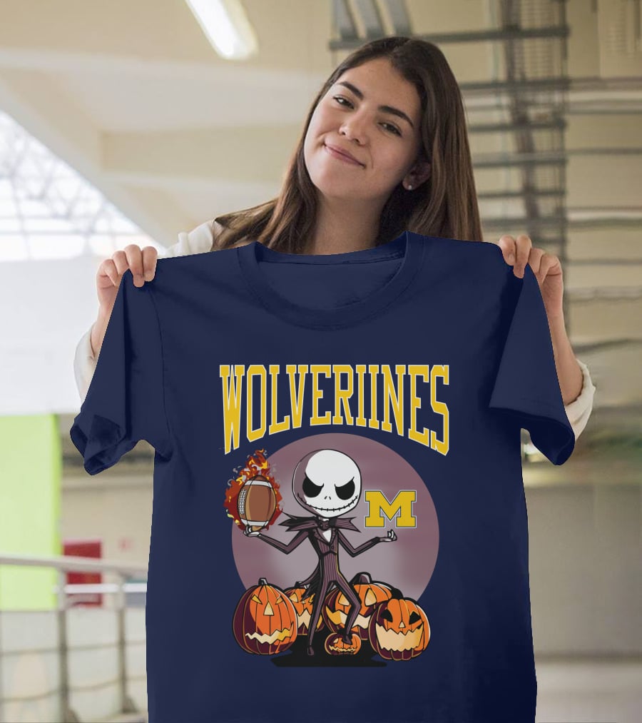 Michigan Wolverines Halloween Jack Skellington Football Pumpkins T-Shirt