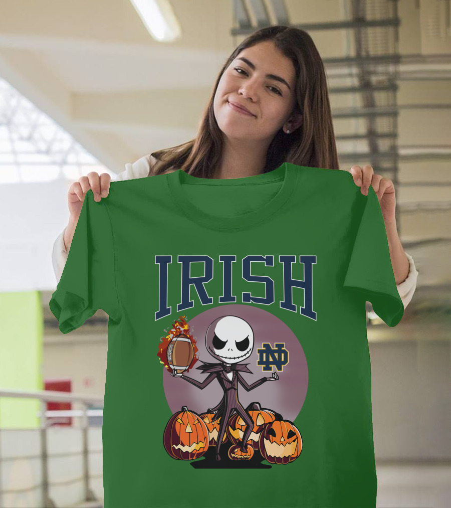Irish Notre Dame Jack Skellington Halloween Football Pumpkins T-Shirt
