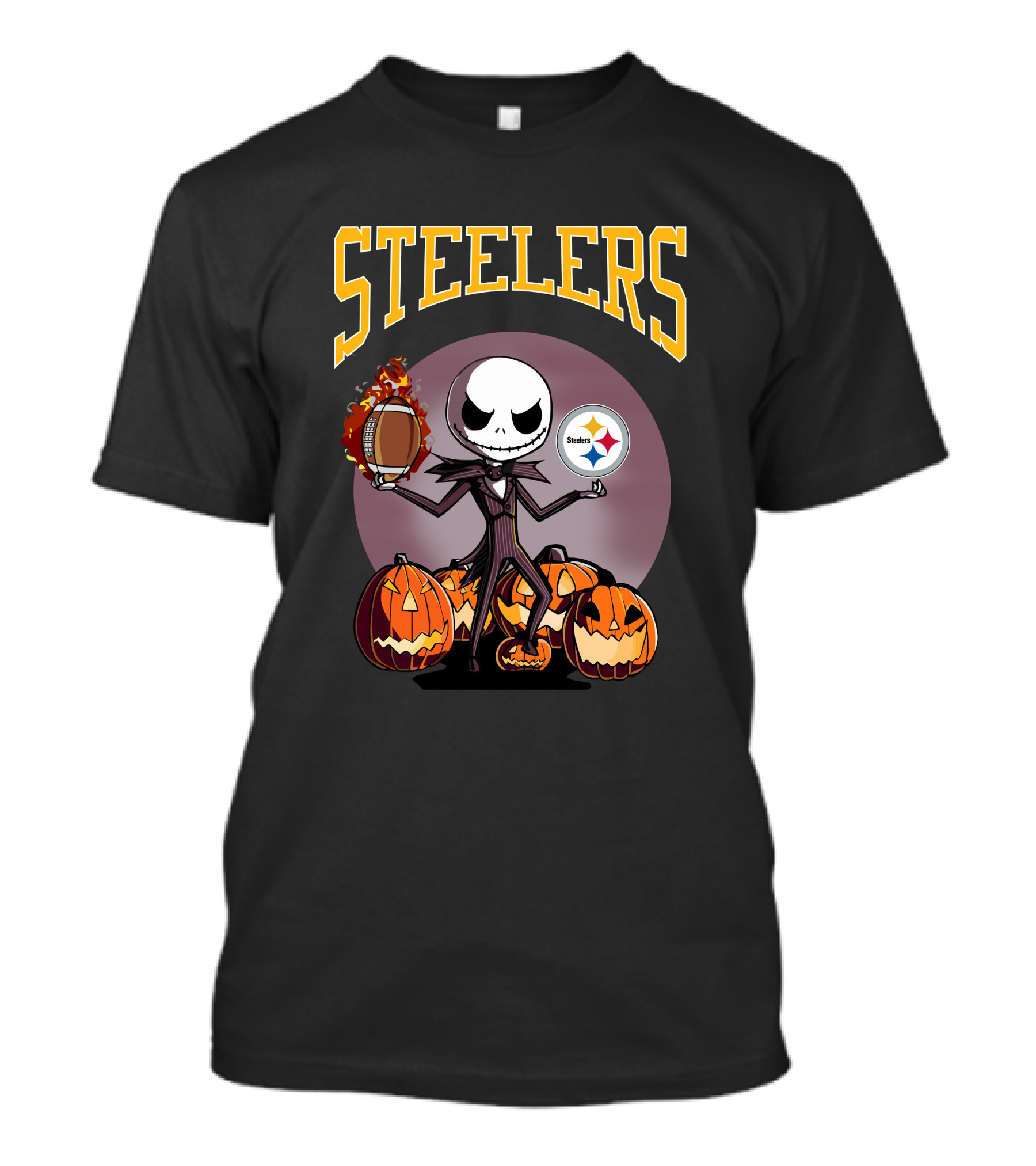 Steelers Jack Skellington Holding Football With Pumpkins And Pittsburgh Steelers T-Shirt