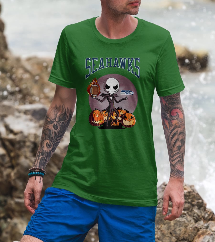 Seattle Seahawks Jack Skellington Halloween NFL Football Pumpkins T-Shirt