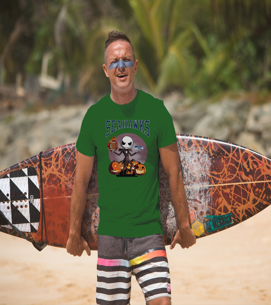 Seattle Seahawks Jack Skellington Halloween NFL Football Pumpkins T-Shirt