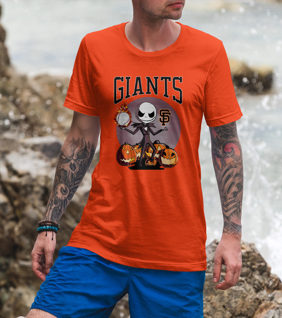 Giants Jack Skellington SF Logo Halloween Pumpkins Baseball T-Shirt