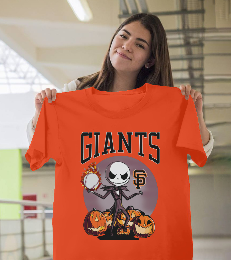 Giants Jack Skellington SF Logo Halloween Pumpkins Baseball T-Shirt