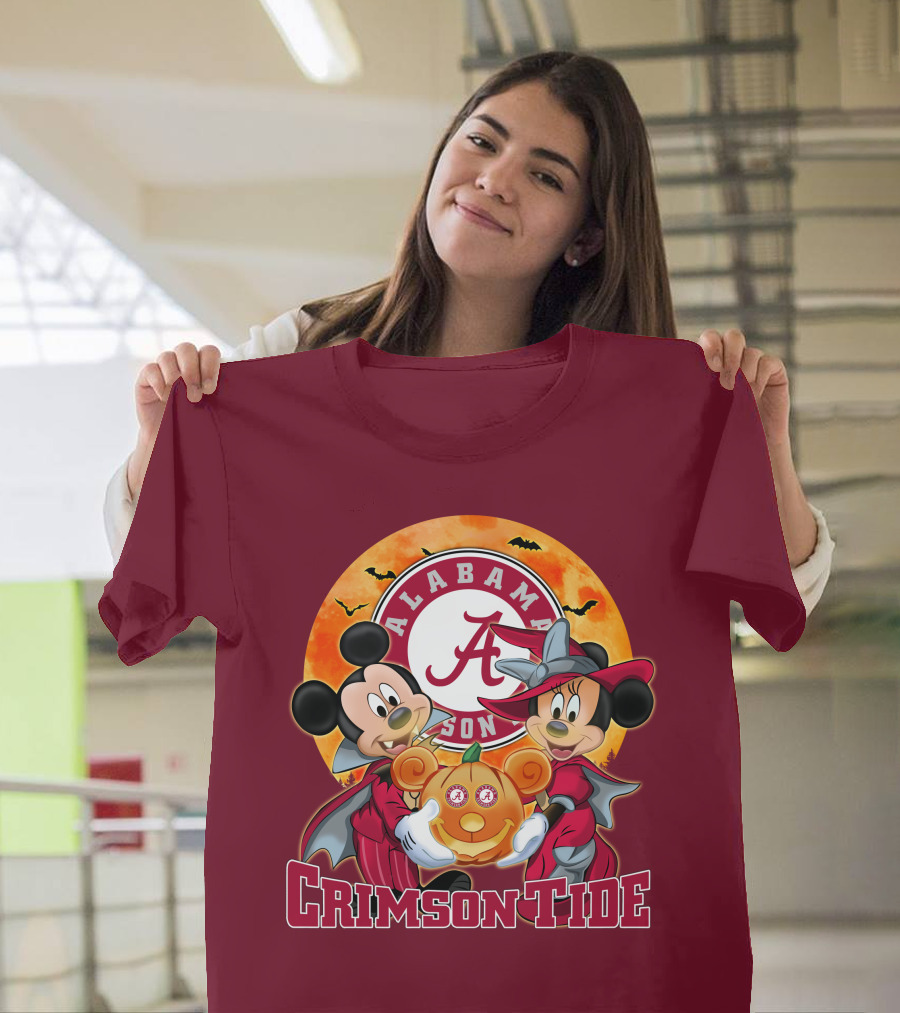 Alabama Crimson Tide Mickey Mouse Minnie Mouse Halloween Pumpkin Circle T-Shirt