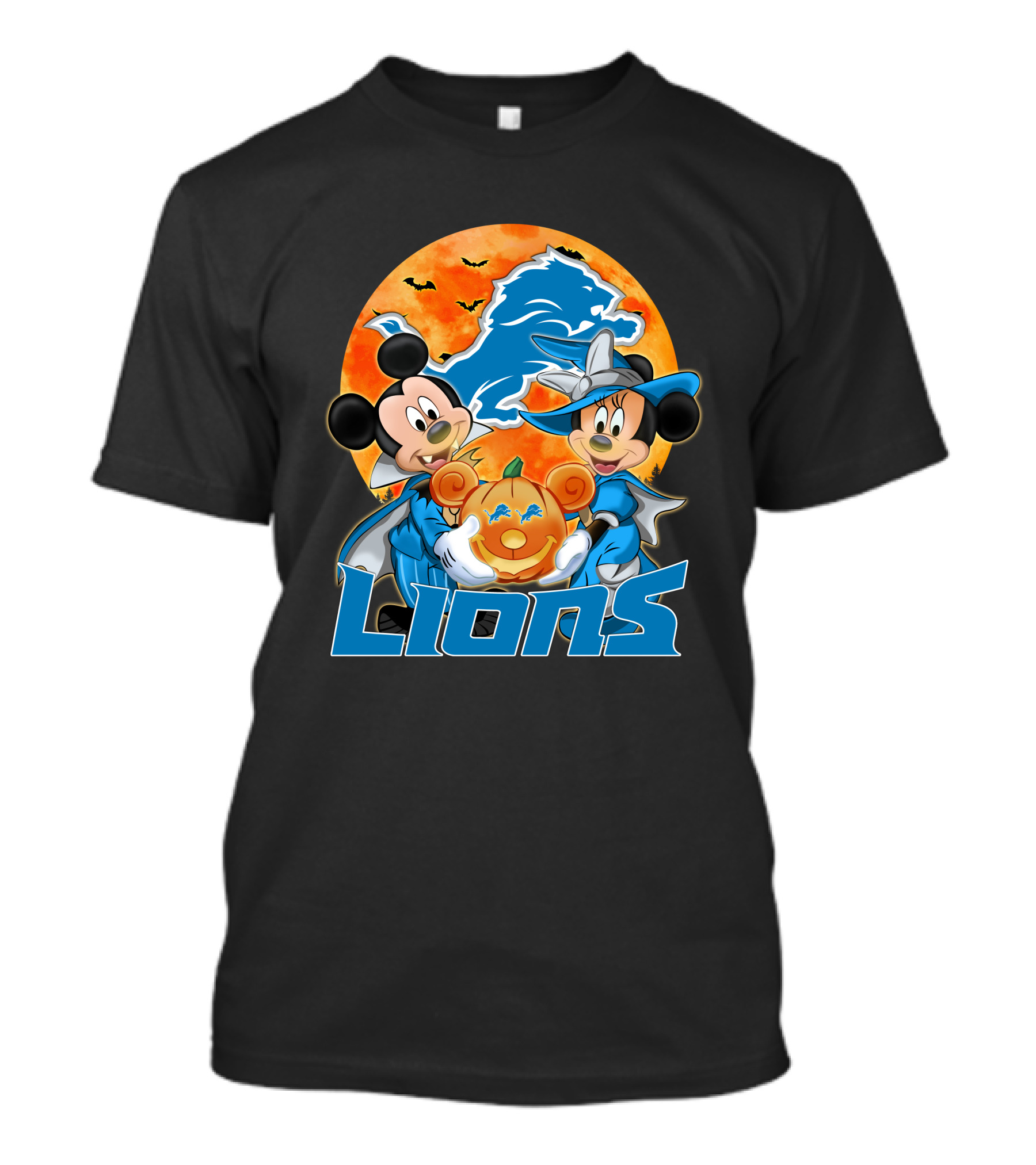 Detroit Lions Mickey Mouse And Minnie Mouse Halloween Pumpkin T-Shirt