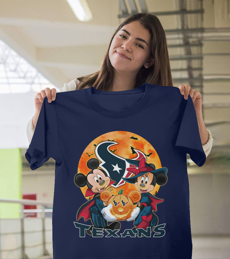 Houston Texans Mickey Mouse And Minnie Mouse Halloween Pumpkin Moon Bats T-Shirt