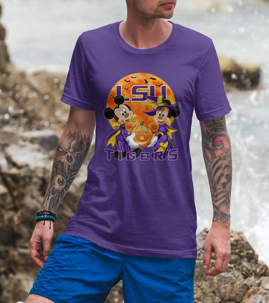 LSU Tigers Mickey Mouse And Minnie Mouse Halloween Pumpkin T-Shirt