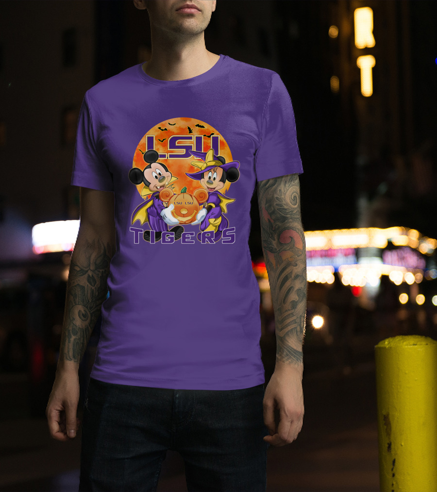 LSU Tigers Mickey Mouse And Minnie Mouse Halloween Pumpkin T-Shirt