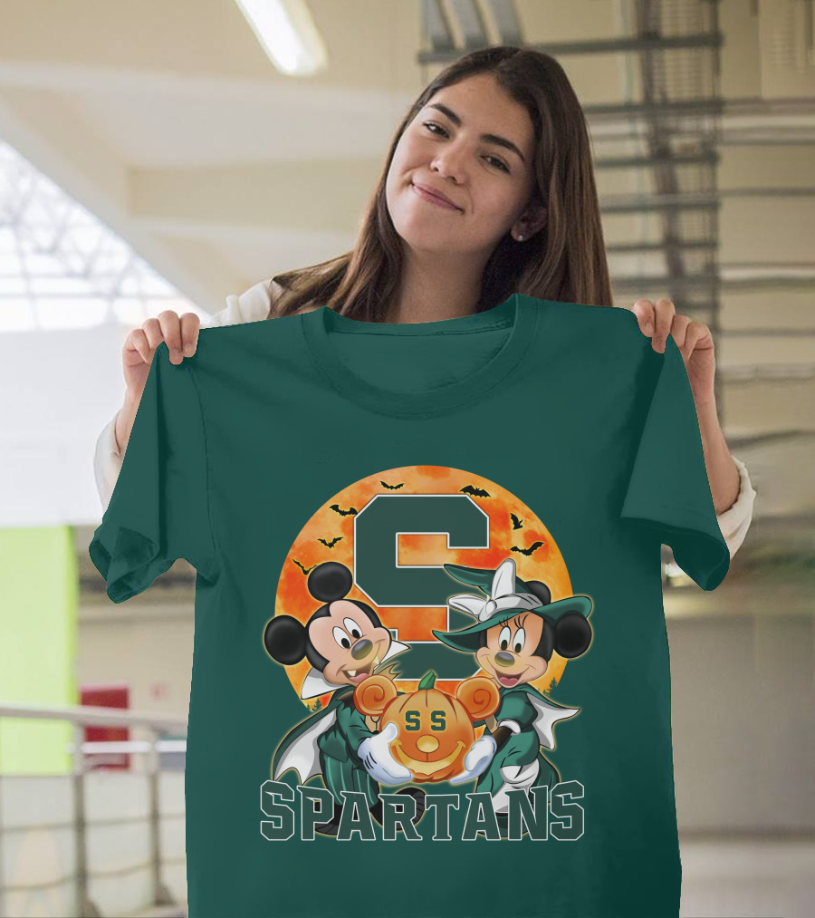 Michigan State Spartans Mickey Mouse Minnie Mouse Halloween Pumpkin Moon Bats T-Shirt