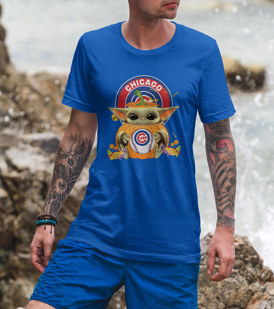 Halloween Pumpkin Baby Yoda Chicago Cubs Baseball Theme T-Shirt