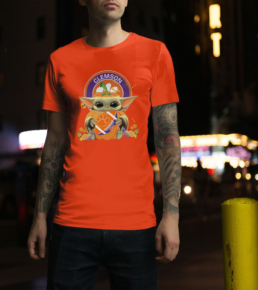 Halloween Pumpkin Baby Yoda Clemson Tigers Football T-Shirt