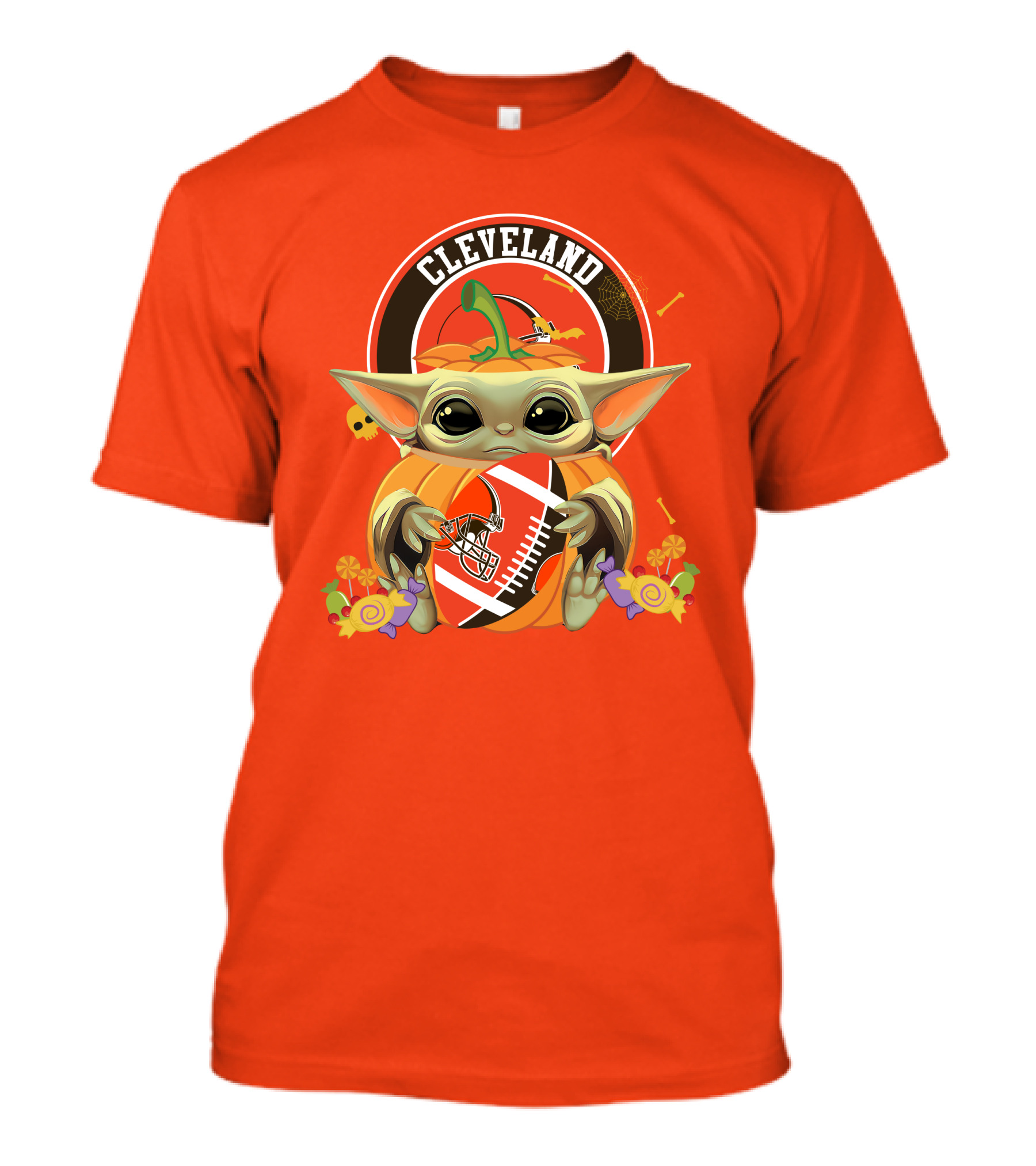 Cleveland Halloween Pumpkin Baby Yoda Holding Football T-Shirt