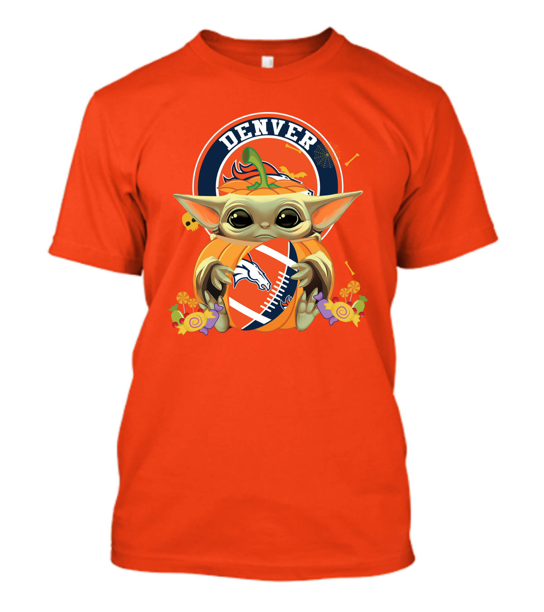 Halloween Pumpkin Baby Yoda Holding Denver Broncos Football Logo With Candy And Skulls T-Shirt