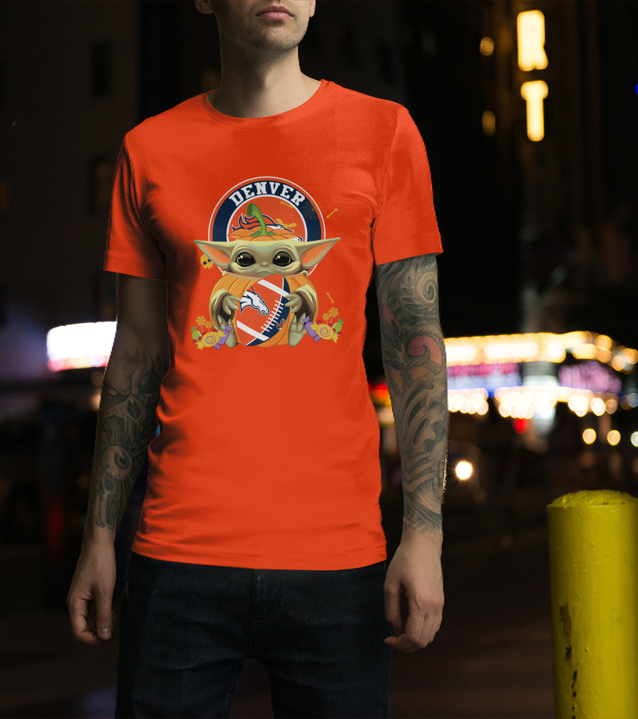 Halloween Pumpkin Baby Yoda Holding Denver Broncos Football Logo With Candy And Skulls T-Shirt