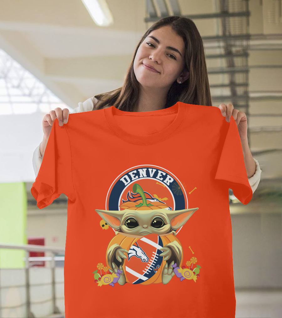 Halloween Pumpkin Baby Yoda Holding Denver Broncos Football Logo With Candy And Skulls T-Shirt