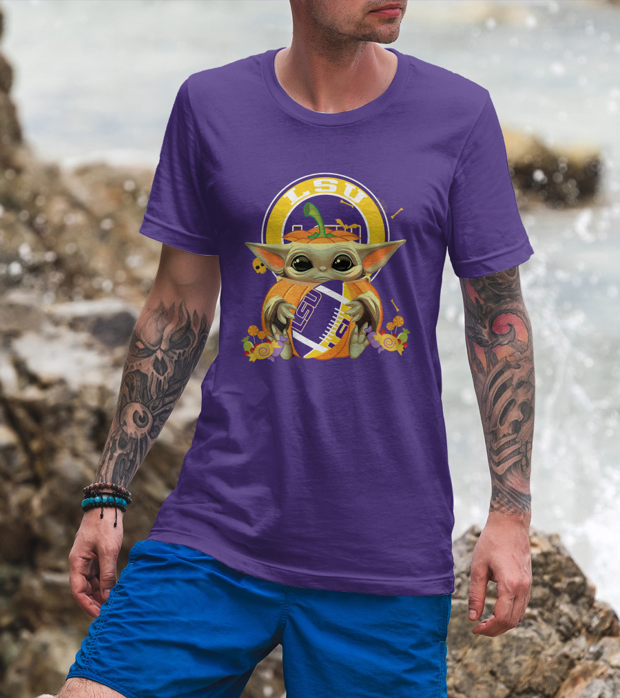 LSU Tigers Halloween Pumpkin Baby Yoda Hug Football T-Shirt