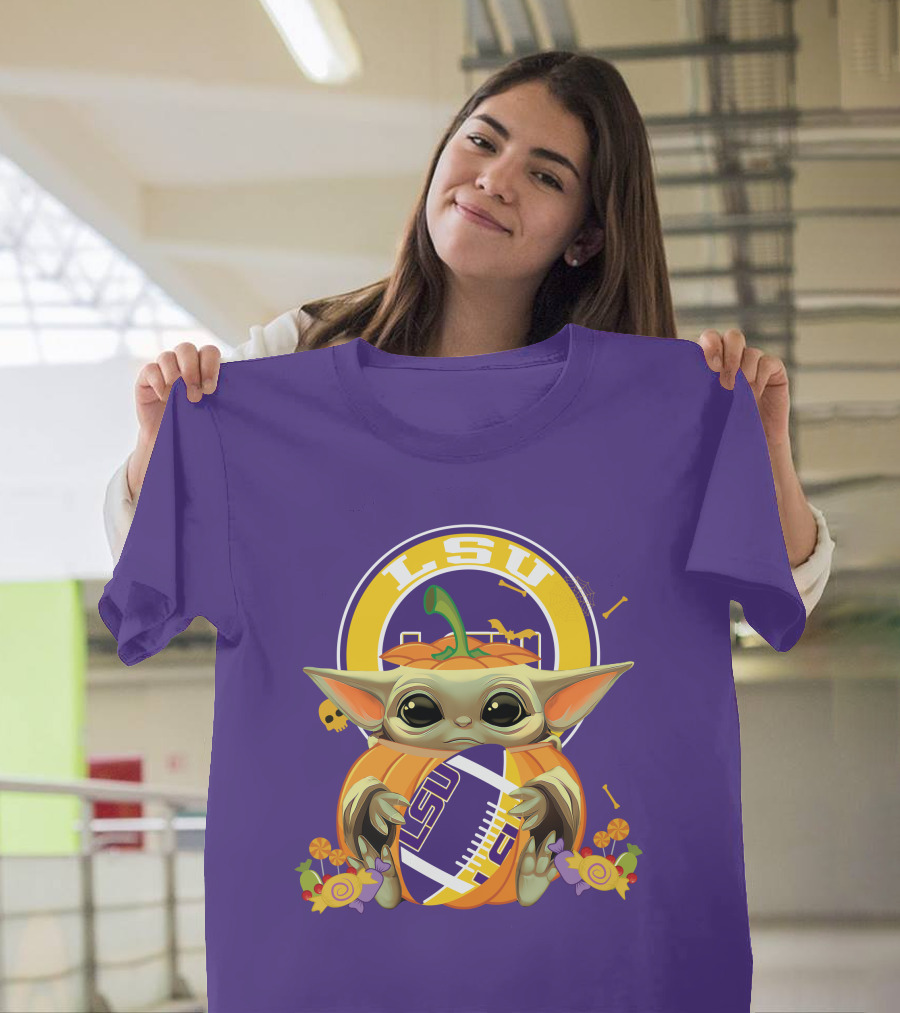LSU Tigers Halloween Pumpkin Baby Yoda Hug Football T-Shirt