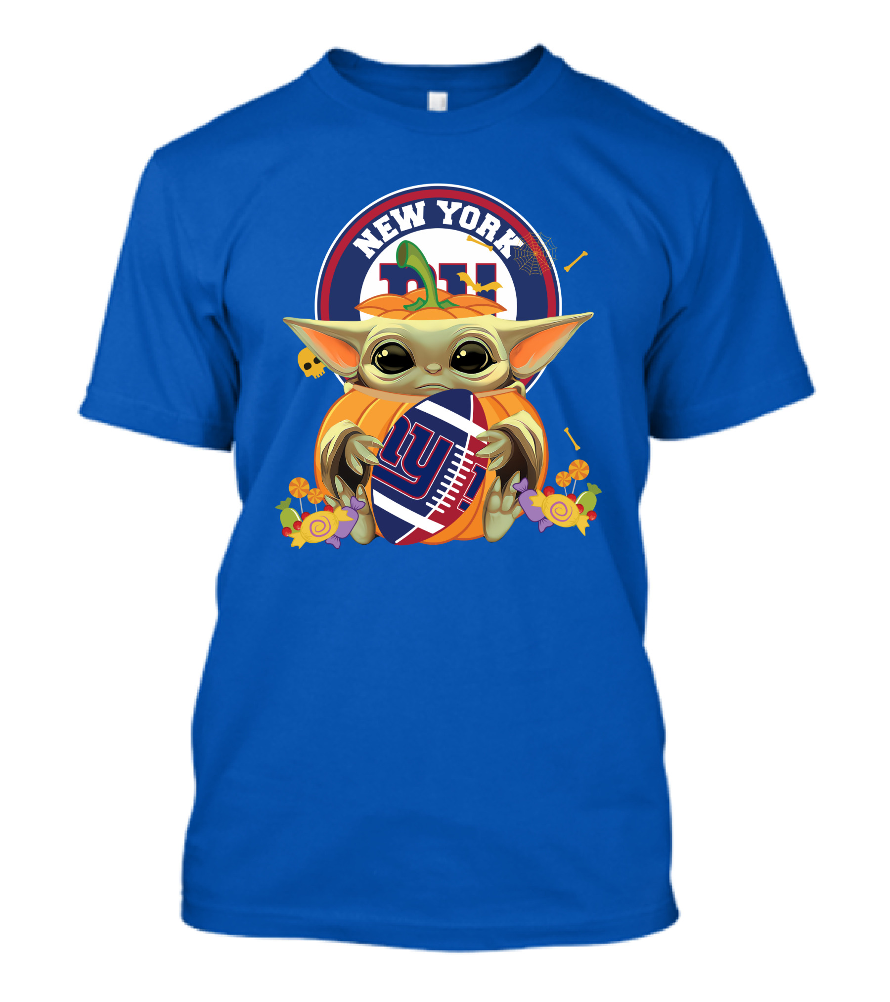 Halloween Pumpkin Baby Yoda Holding New York Giants Football T-Shirt