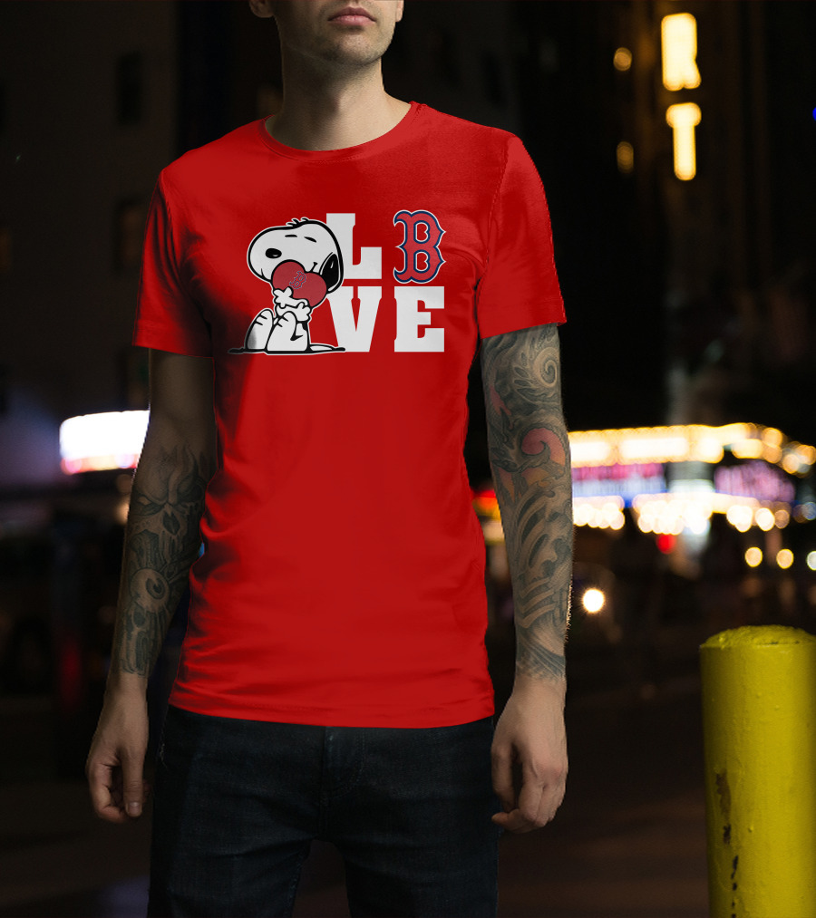 Snoopy Love Boston Red Sox B Logo Peanuts Baseball T-Shirt