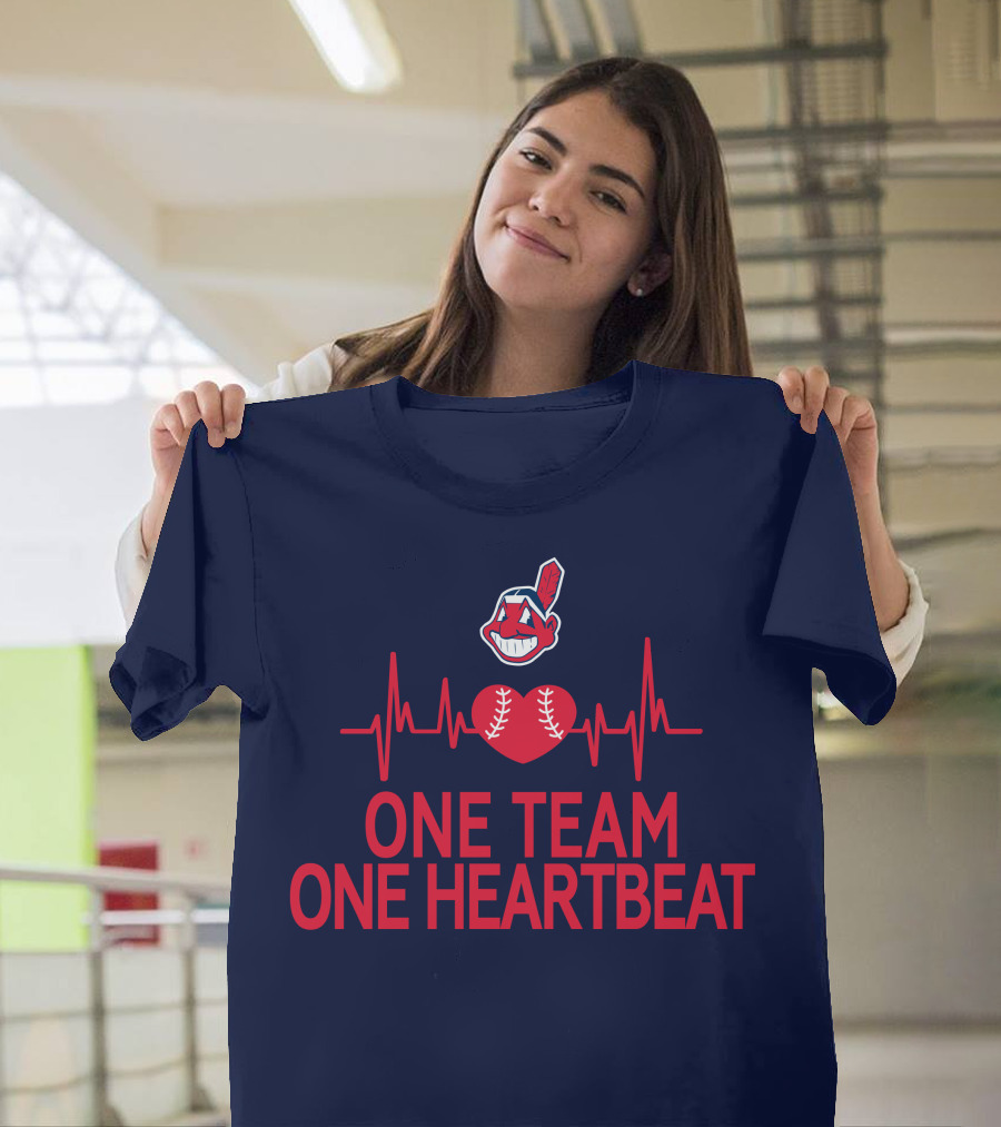 Cleveland Indians One Team One Heartbeat Baseball Heartbeat Line Chief Wahoo T-Shirt