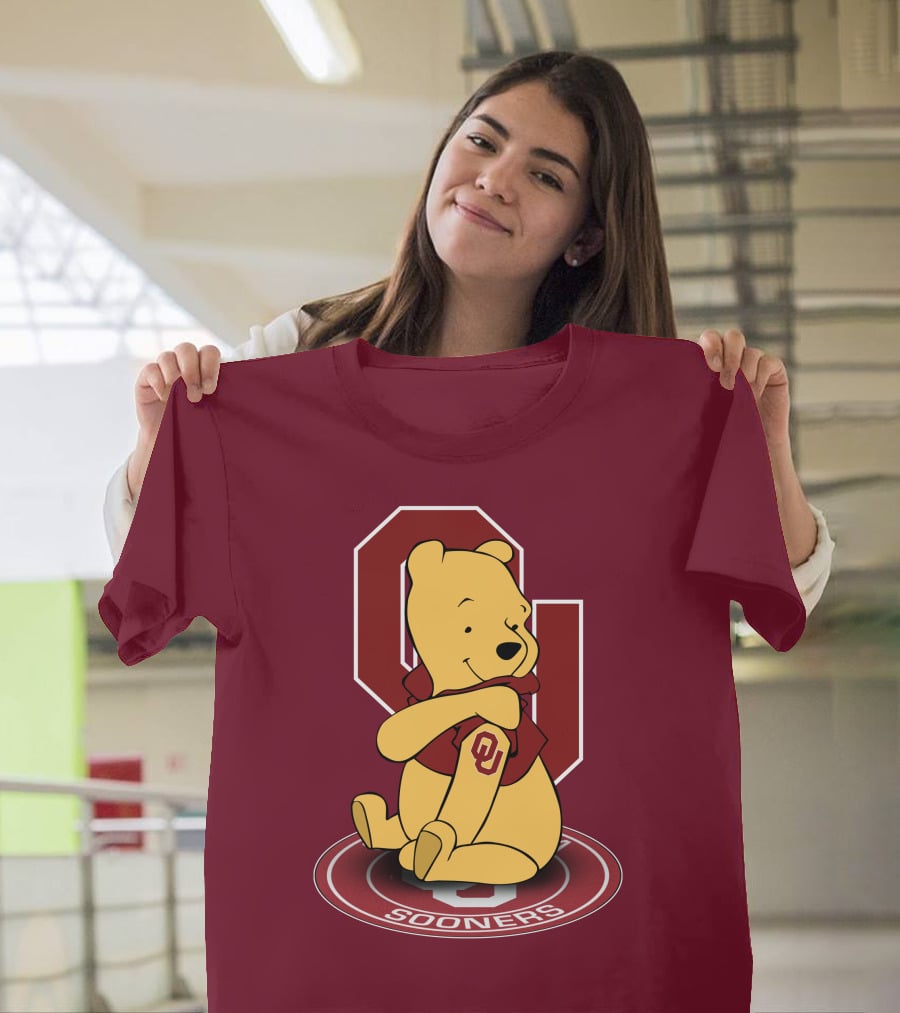 Winnie The Pooh With Oklahoma Sooners Logo And Letterman Jacket T-Shirt