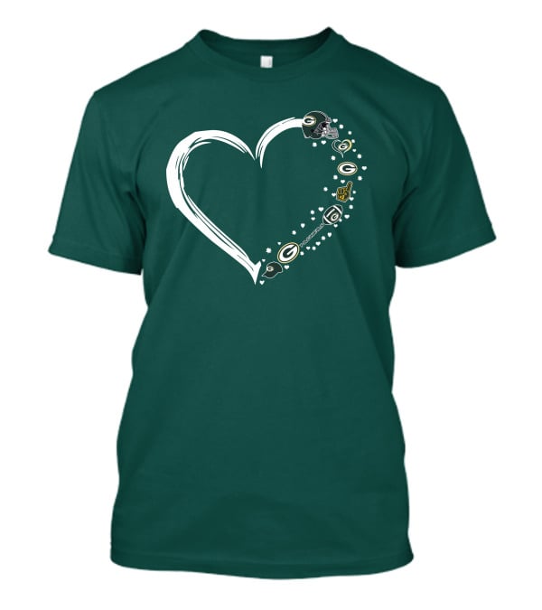 Green Bay Packers Heart With Logos And Helmet T-Shirt