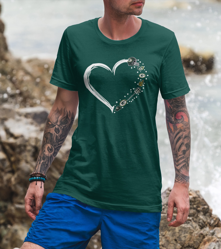 Green Bay Packers Heart With Logos And Helmet T-Shirt