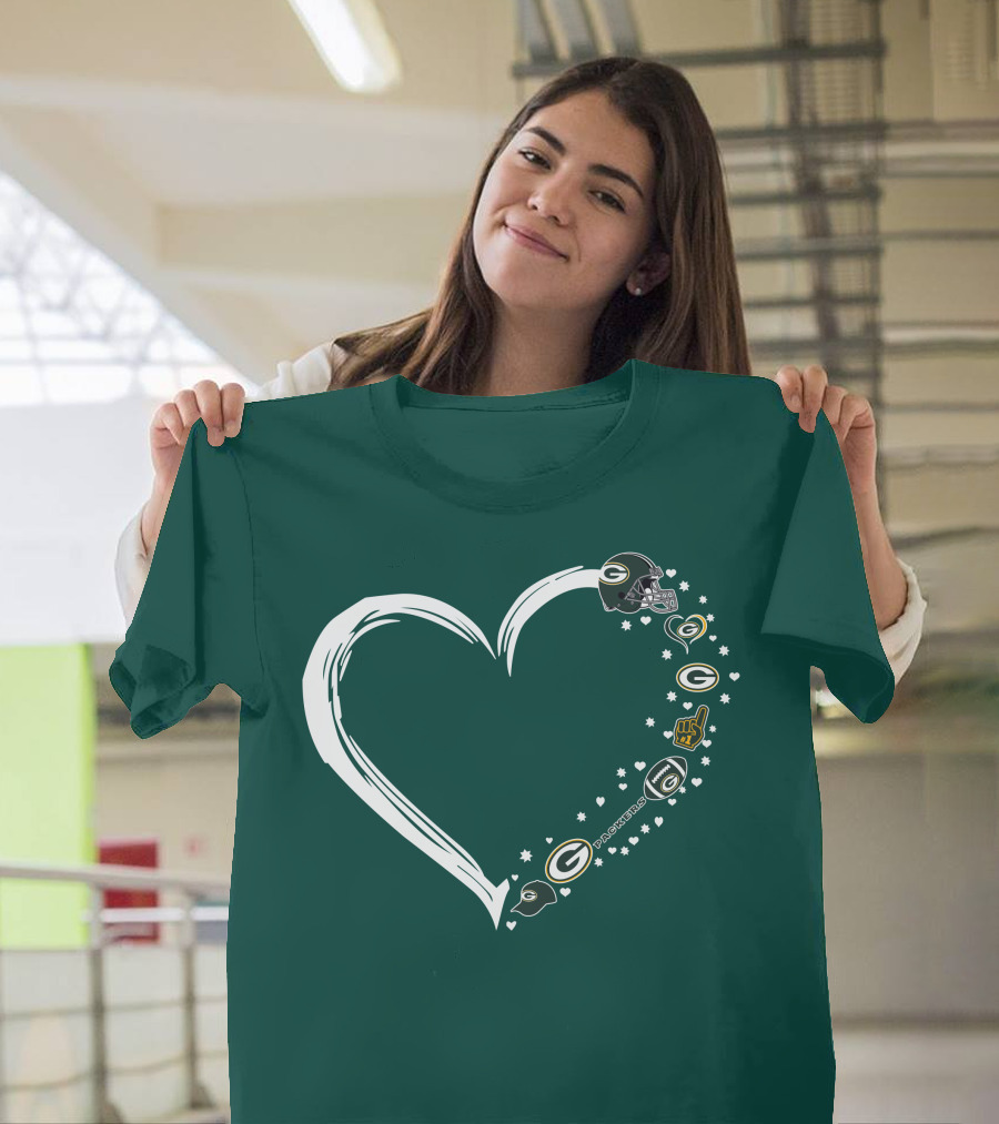 Green Bay Packers Heart With Logos And Helmet T-Shirt