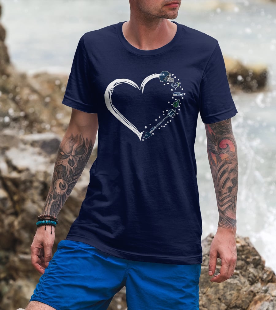 Seattle Seahawks Love Heart With Helmet And Football Symbols T-Shirt