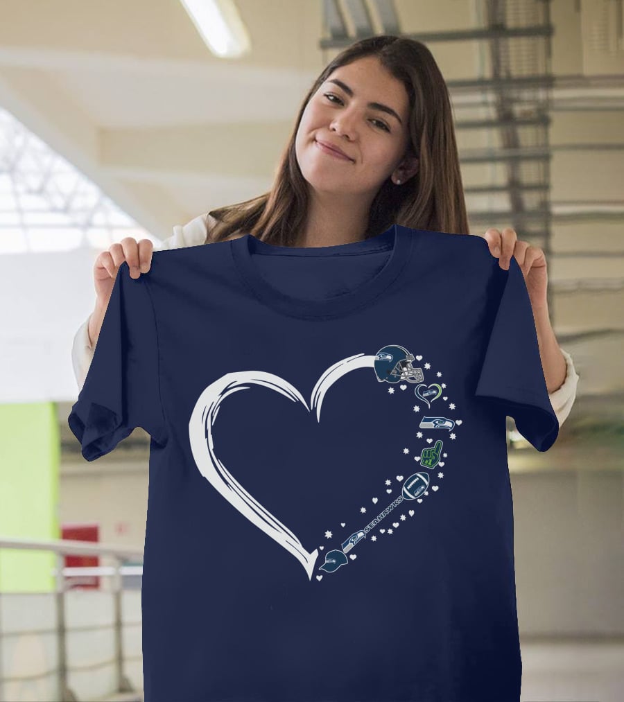 Seattle Seahawks Love Heart With Helmet And Football Symbols T-Shirt